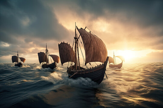 Viking ships on sunset. Wooden boats of the Vikings setting out to conquer. generative ai.