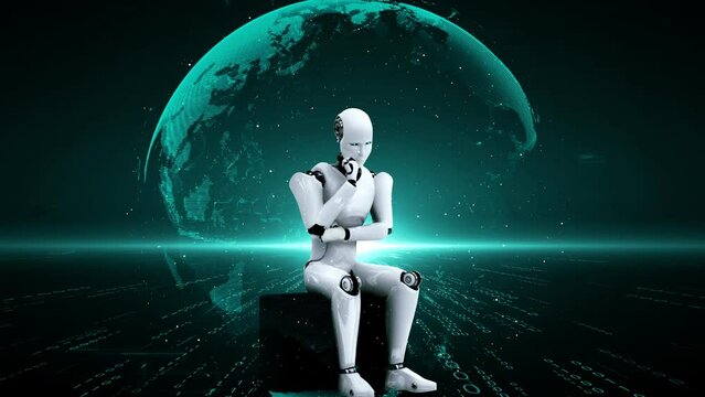 Futuristic robot artificial intelligence huminoid AI programming coding technology development and machine learning concept. Robotic bionic science research for future of human life. 3D rendering.