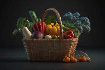 Vegetable basket on a dark background, healthy food. AI generative.