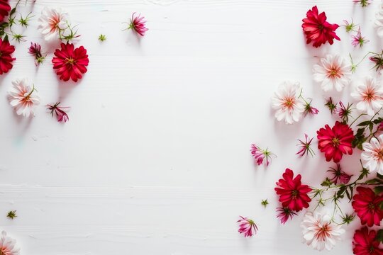 Pink, red and white flowers on white wooden table, holiday background, image created with IA