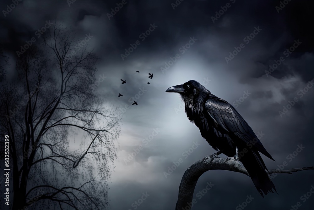 Poster in the moonlight, a black raven (corvus corax) flies. the setting is frightening, creepy, and gothic