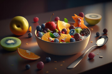 Fruit salad in a bowl. AI generative.