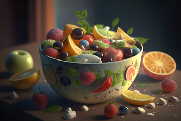 Fruit salad in a fantasy bowl. AI generative.
