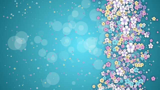 Small spring colored flowers on color of sea water abstract background. Looped holiday animation. Floral screensaver in pastel shades.
