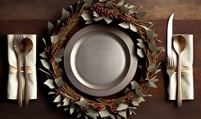  a table setting with a plate, silverware, and a wreath of leaves and berries on a wooden table top with a white napkin and silverware.  generative ai