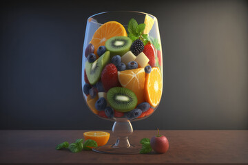 Fruit salad in a glass goblet. AI generative.