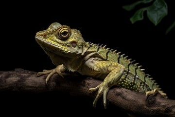 Fototapeta premium Front view of Gonocephalus doriae on a branch with a black background, animal closeup. Generative AI