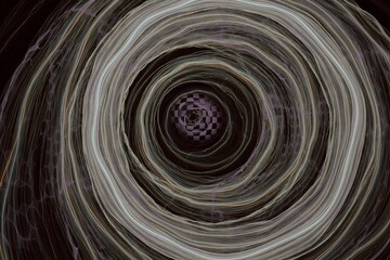 Gray swirling pattern of curved lines on a black background. Abstract fractal 3D rendering