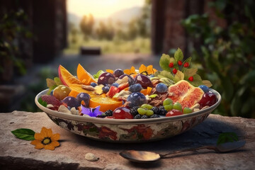 Fruit salad in a plate on nature background. AI generative.
