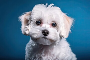 very cute Maltese lapdog. studio photo shoot with a blue backdrop. Generative AI