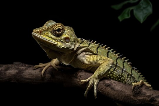 Front view of Gonocephalus doriae on a branch with a black background, animal closeup. Generative AI