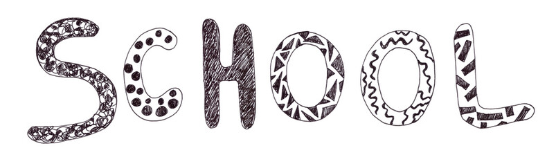 Black and white decorated word school hand drawn on white background