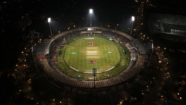 Qaddafi Stadium's aerial view during Pakistan Super League match with crowd at night in Lahore.
March 18, 2023: 