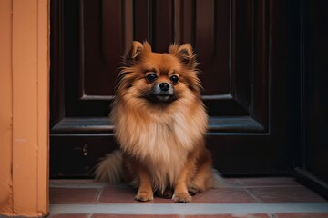 Cute dog with long hair in front of the door. Generative AI