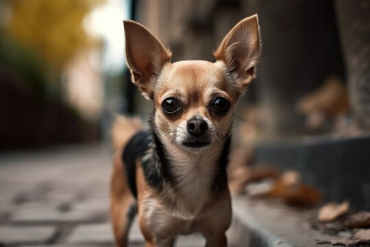 Pet dog strolls down the sidewalk. Chihuahua for a stroll. Black, brown, and white Chihuahua. adorable puppy walking. Canine at the park or garden a cleanly kept dog Miniature smooth haired Chihuahua