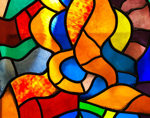Multicolored glass. Stained glass. Painted window. Stained glass abstract. 