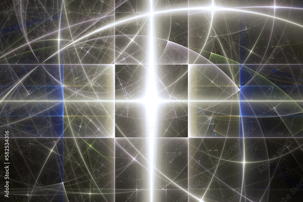 Wall mural gray glowing pattern of crooked rays on a black background. abstract fractal 3d rendering