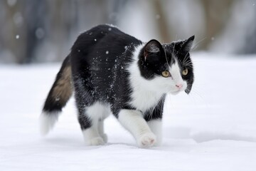 Walking in the snow is a young, lively, black and white cat. Generative AI