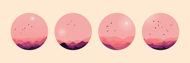 Set of decorative circular pink illustrations of landscapes with birds and mountains. Perfect for decoration.