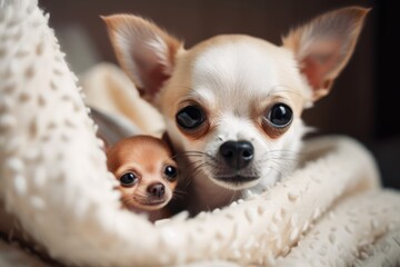 Chihuahua puppy with infant in bed. Generative AI