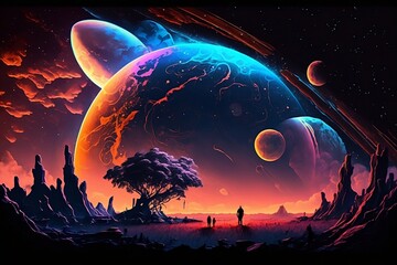 humans in the future colorful planet background
