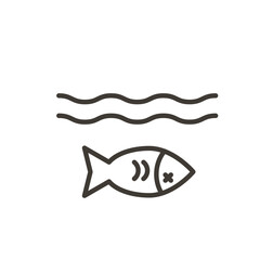 Vector thin line icon illustration with dead fish under the water. Minimal illustration  of a dead fish representing health of the oceans, environmental awareness