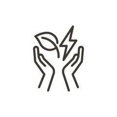 Leaf, plant hands and electricity vector thin line outline icon illustration. Image for electricity, saving energy, sustainability, renewable alternative energies