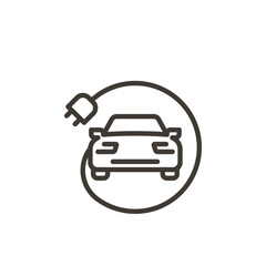 Electric car vector thin line icon. Outline illustration of electrical sustainable ecologic automobile with cable and plug charging symbol. Eco friendly