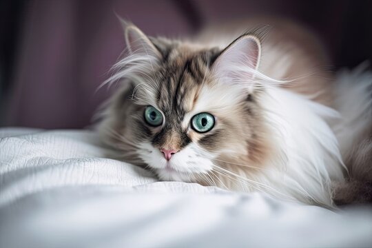 close up of a lovely fluffy multicolored cat on a bed. Generative AI