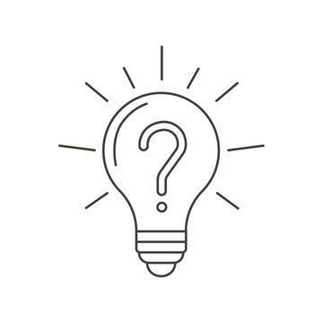 Lightbulb with question mark. Vector thin line icon graphic drawing illustration. Concepts of problem solving, searching for solutions, brainstorming, questions and answers, creativity
