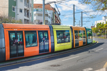 Fototapeta na wymiar Tram circulating through the center of Santa Cruz de Tenerife city. Canary Islands.