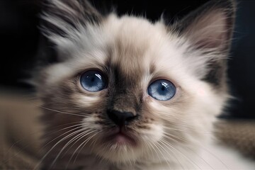 the sweetest and innocent newborn cat model. Scottish and Himalayan Blue Point origin. Blue eyes, a black nose, and white fur. Generative AI