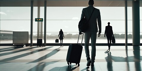 Business travel arrival, businessman silhouette walking in the airport, generative ai