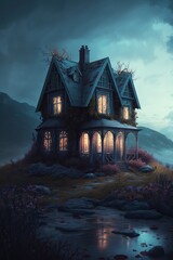 Obraz premium Creepy, house, haunted, manor, vintage, spooky, horror, eerie, dusk, evening, night, stormy, rain, darkness, fear, home, building, old, Halloween, evil, cloudy, dramatic ghost,