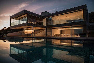 Fototapeta na wymiar Modern luxury villa with pool and garden at blue hour, generative ai