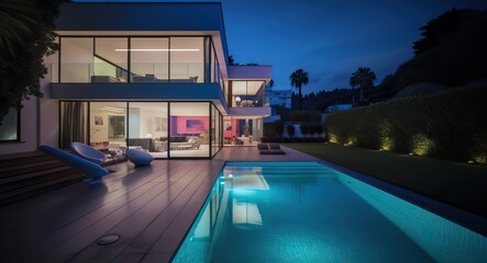 Fototapeta na wymiar Modern luxury home with pool and garden at blue hour, generative ai