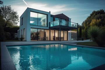 Fototapeta premium Modern luxury home with pool and garden at blue hour, generative ai
