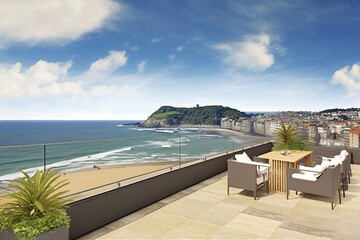 Obraz premium Spectacular view of San Sebastian in Spain from a penthouse terrace, generative ai