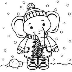 Black and white cartoon elephant character in winter clothes. Vector illustration.