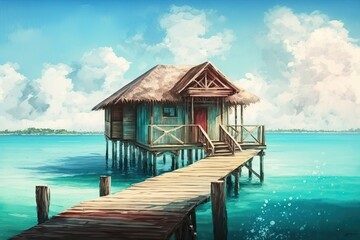 Wooden overwater bungalow in a beautiful turquoise sea, idyllic beach vacation paradise, generative AI
