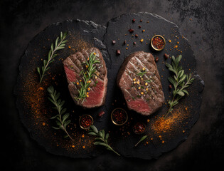Top view of 2 Beef steak with spices created with Generative AI technology