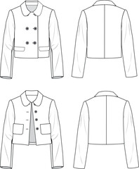 Women's Peter Pan Collar Cropped Jacket Set. Technical fashion illustration. Front and back, white color. Women's CAD mock-up.