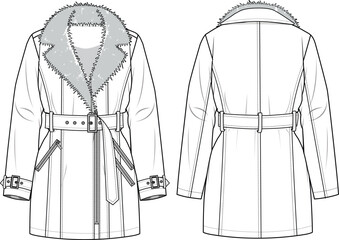 Unisex Pu Fur Collar Trench Coat. Technical fashion illustration. Front and back, white color. Unisex CAD mock-up. © DERYA