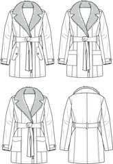 Unisex Pu Fur Collar Trench Coat. Technical fashion illustration. Front and back, white color. Unisex CAD mock-up.