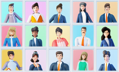 Portraits of business people, team. Characters smiling to camera. Online conference, video chat concept. 3D rendering illustration 