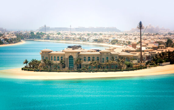 Dubai, UAE.  Palm Jumeirah and villas with white sand beaches