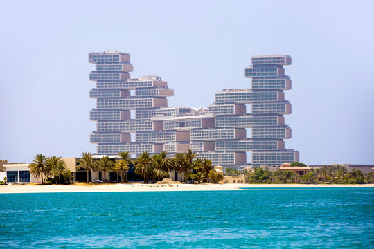 Dubai, UAE. New Atlantis at Palm Jumeirah and villas with white sand beaches