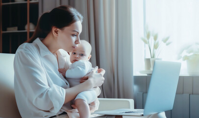 Mother holding baby in her arms and working from home on a laptop. Copy space. Generative AI. (1)