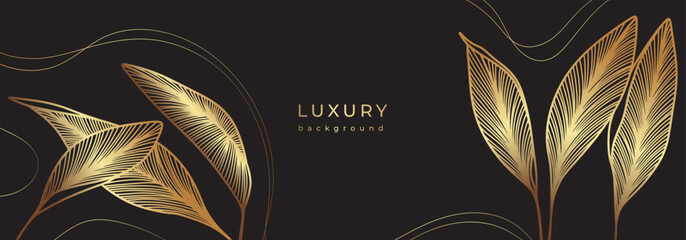 Luxury botanical banner with golden banana leaves. Linear branches and lines on black background. Gold color banana leaf with veins