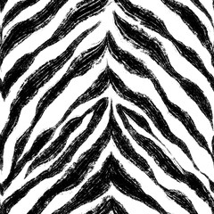 Fototapeta premium Black and white zebra seamless pattern. Texture with animal stripes. Background painted with brush. Stripes with grunge effect